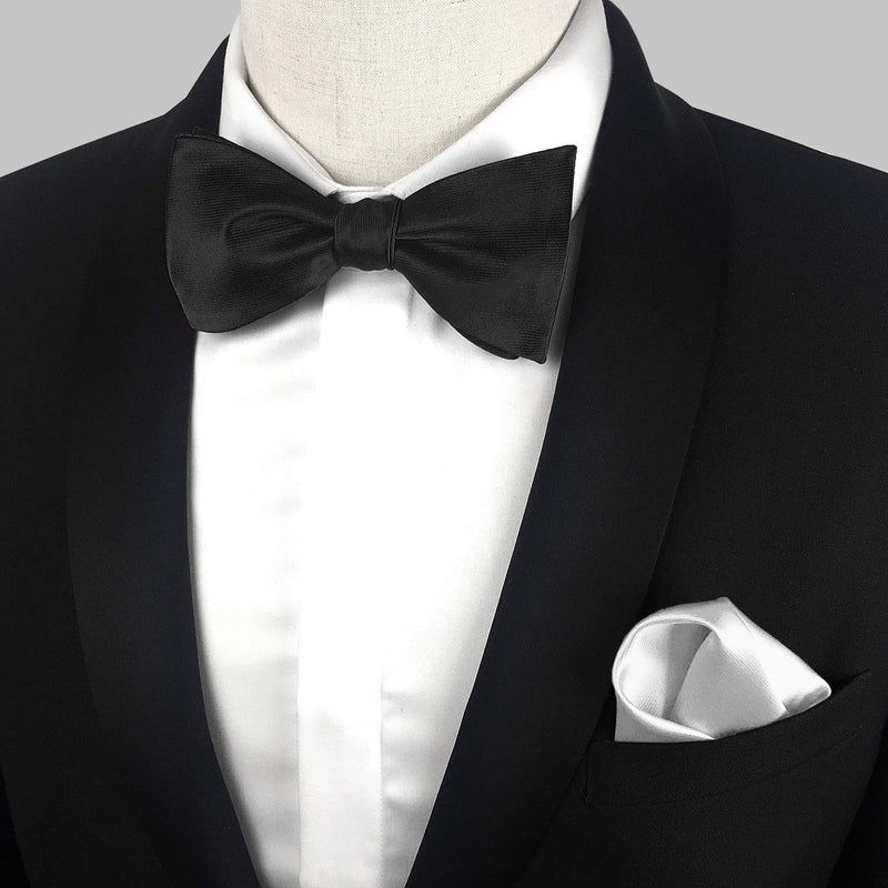 KOOELLE Mens Premium Silky Bowties Tuxedo Solid Colors Bow Ties & Pocket Square Set (Black Bowtie + White Hanky) - Image 3